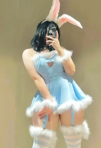 Bunny Girl Sexy Lingerie Set Homewear Blue Furry Heart Hollow Halter Bodysuit with Skirt and Striped Stockings