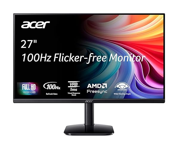 Acer KB272 E0bi 27" IPS Full HD (1920 x 1080) Zero-Frame Gaming Office Monitor AMD FreeSync Technology Up to 100Hz Refresh 1ms (VRB) Low Blue Light Tilt HDMI & VGA Ports - 27-inch FHD IPS