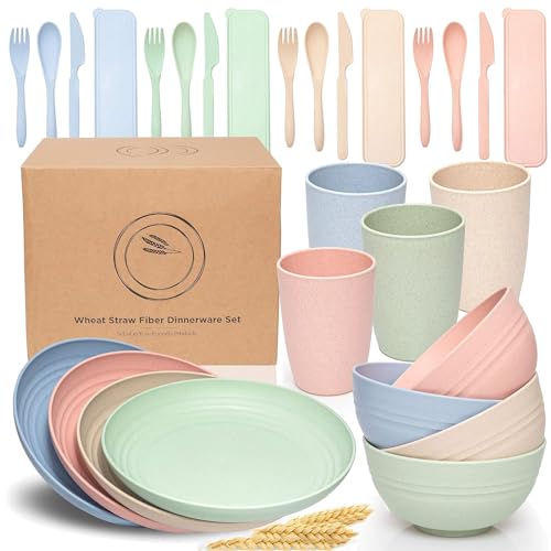 HOMGEN Plastic Plates and Bowls Sets, Camping Plates and Bowls Set for 4 Childrens Plates and Bowls Sets Lightweight Camping Plates and Cutlery Set Kids Plastic Dinner Set for Home Camping Pinic etc - Style-A