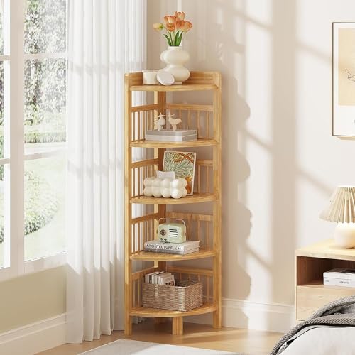Dripex Bamboo Corner Shelves Free Standing Shelf Floor Storage Unit for Bathroom, Living Room, Bedroom, Kitchen, Balcony or Office (5 Tier) - 5 Tier - Natural Color | Bamboo Material