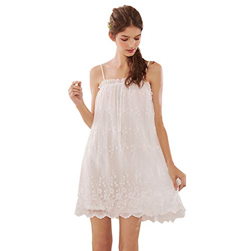 Women Vintage Chemises Victorian Nightgown Lace Flower Embroidery Sleepwear Night Sleepdress - M - White