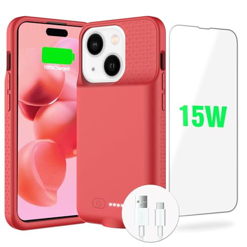 GIN FOXI 15W Fast Charging Battery Case for iPhone 15/15 Pro, Ultra-Slim Lightweight Powerful 7000mAh Charger Case Rechargeable Anti-Fall Premium TPU Anti-Slip Charging Case for iPhone 15&15 Pro Red - Red