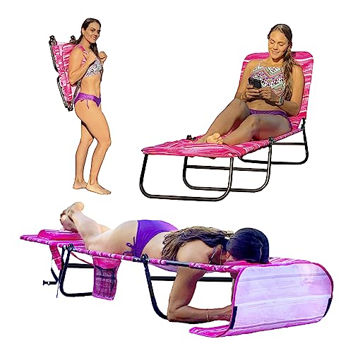FLIPCHAIR Patio Chaise Lounger Chair Face & Arm Holes 3 Legs Support Polyester Material Reclining Backrest Head Pillow Made for Tanning at Beach, Backyard or Lake PATENTS PENDING 1 Pink - Facedown-pink