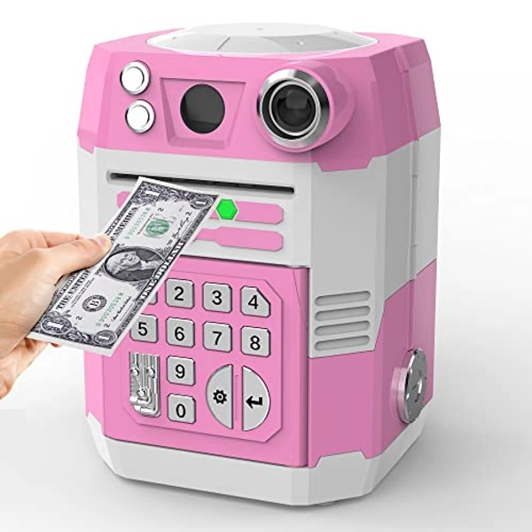 Wantfly Piggy Bank Girls, Toys Gifts for 6 7 8 9 10 Years Old Girls, Kids Money Safe Coin Bank, Christmas, Pink