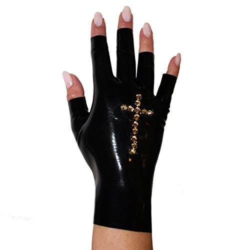 Rubberfashion Latex Handschuhe kurz - Rubber Gloves Kreuz - kurze fingerlose Handschuhe bis Handgelenk für Damen und Herren - S / Handschuhgröße: 5 - Schwarz 0.4mm