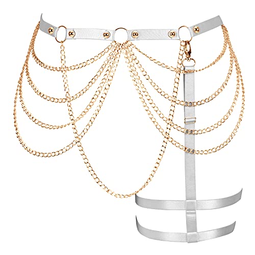 BANSSGOTH Plus Size Mode Frauen Bein Straps Taille Kette Hohl aus Oberschenkel Strumpfband Gürtel Bein Kette Halloween Kleidung Rave - Weiß Gold