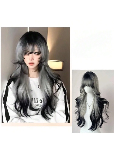 Zwart Wit Gradiënt Lange Golvende Pruik Voor Vrouwen Lange Krullende Pruik Met Pony Synthetische Pruik Halloween Party 20inch