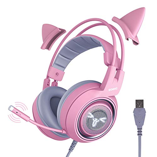 SOMIC G951pink Gaming Headset for PC, PS4, PS5, Laptop, Cat Ear Headphone USB Gaming Headphones with Mic Noise Cancelling, LED Light, 7.1 Virtual Surround Sound for Girls, Women - Pink
