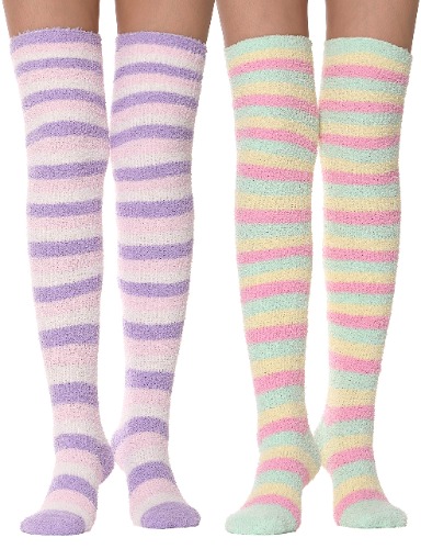MOGGEI Womens Thigh High Fuzzy Socks Over Knee High Long Striped Stocking Fluffy Cozy Slipper Fleece Gift Socks 2 Pairs - Purple & Yellow Striped