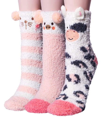 3 Pairs Womens Fuzzy Socks Cozy Winter Warm Fluffy Soft Cute Animal Fuzzy Home Slipper Socks - A-baby Pink