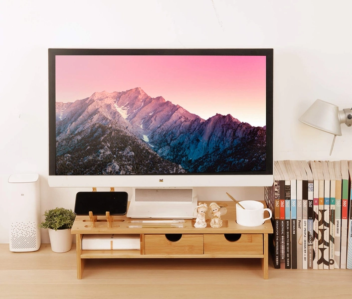 Monitor Stand Riser Desk Organizer-Bamboo 2 Tier Laptop Stand with Drawers, Adjustable Desktop Storage Organizer for Computer, Printer, Cellphone-Use in Office,Home/Reduce Neck &Eye Strain(Fawn)