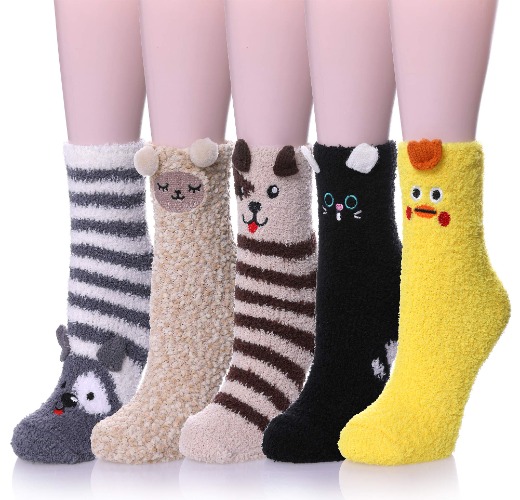 Womens Soft Cute Funny Animal Designe Microfiber Slipper Socks Cozy Fuzzy Winter Warm Socks - 5 Pairs Animal B