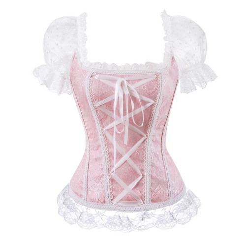 Blidece Gothic Tapestry Lace up Boned Corset Overbust Bustier with Lace Sleeves - 3X-Large Pink