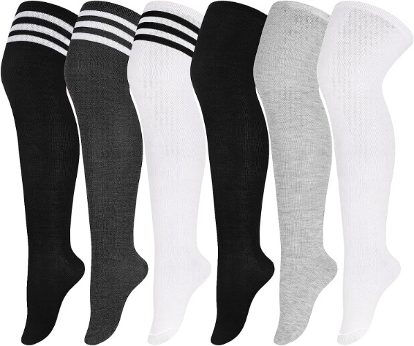 Aneco 6 Pairs Plus Size Over Knee Socks Women Warm Thigh High Stockings for Daily Use, L-XXL - White, Light Grey, Black, Mixed Colors