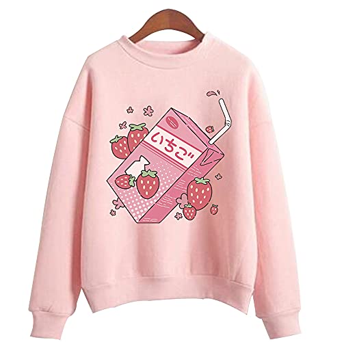 Japanese Aesthetic Hoodies Strawberry Milk Cute Kawaii Sweatshirts Pullovers Tops - 3X-Large - Pink