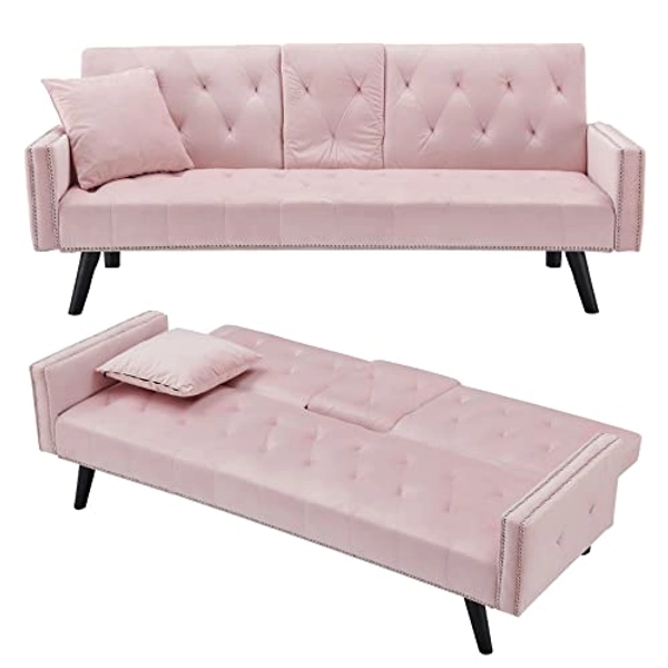 Betoko 72" Velvet Futon Couch Living Room Tufted Convertible Sleeper Sofa Bed with Cup Holder for Bedroom Small 2 Seater Sofas Couch with Nailhead Trim and Solid Wood Legs for Small Space (Pink)