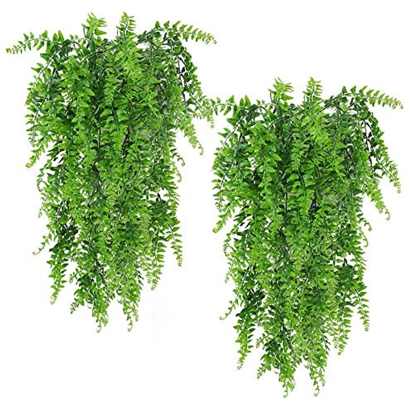 Musdoney Artificial Plants Boston Ferns Fake Vines Hanging Ivy Decor Plastic Greenery for Wall Indoor Outdoor Hanging Baskets Wedding Garland Decor (Pack of 2)