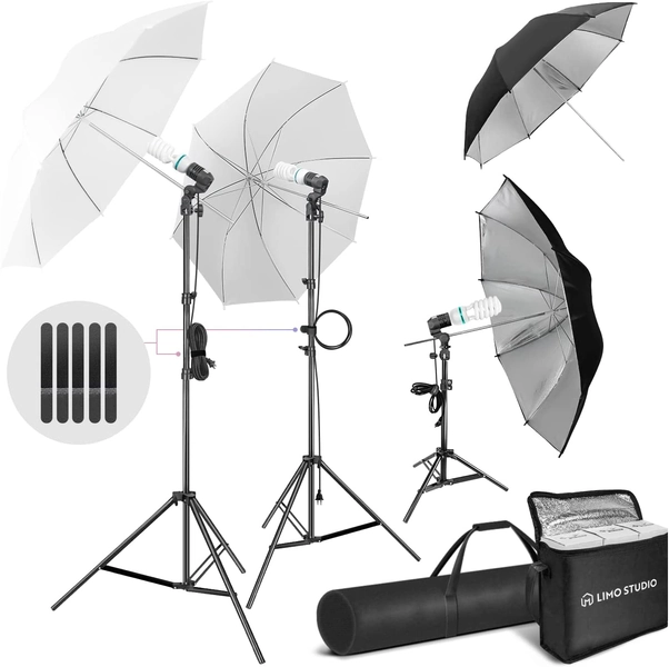 LimoStudio, 900W LED Output Lighting Series, LMS104, Soft Continuous LED Lighting Kit for White and Black Umbrella Reflector with LED Spiral Bulbs, Accessory and Carry Bag