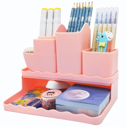 Cute Vertical Pen Organizer, Kawaii Desk Organizer Pen Holder Stationery, Marker Pencil Storage Caddy Tray for Office, School, Home & Art Supplies - Pink - Pink