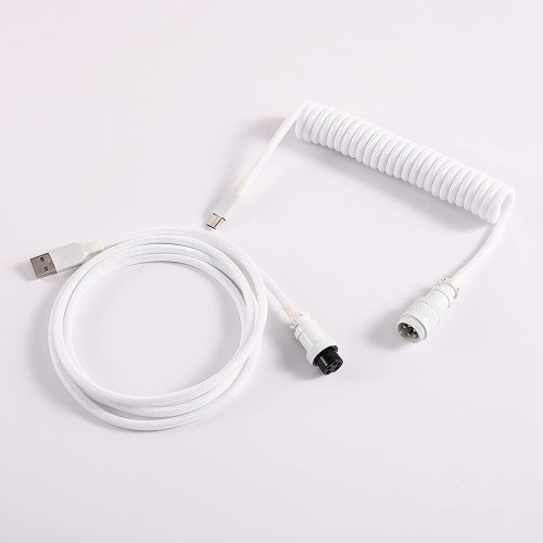 Spring Coiled Custom Mechanical Keyboard USB-A 2.0 to USB-C Techflex Paracord Sleeved Cable with GX16 Aviator Connectors (White) - White