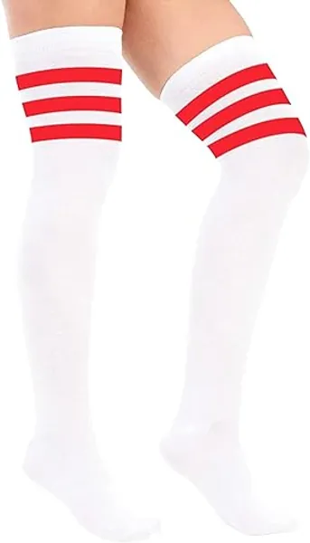 Crazy Chick® Ladies Girls Over the Knee Thigh High Socks - Womens Referee 3 Stripes Cotton Casual Boot Stockings - Long Cheerleader Socks for Daily Wear Sports Cosplay & Fancy Dress UK 4-6.5 - One Size - White with Red