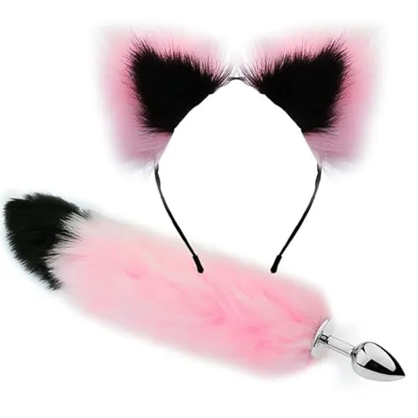Anal Butt Plug 2pcs/Set Tail Anal Plug Ears Headbands Feather Tail Plug Stimulate Anus Lovely Plush Toys for Couples Sexual Toy(Pink Black Set)