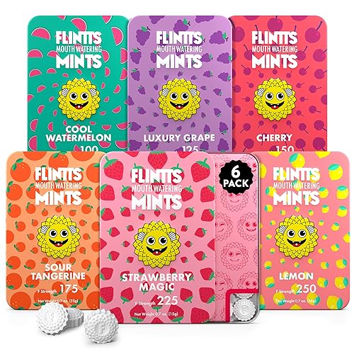Flintts Mints Fruit Troop (Cool Watermelon, Luxury Grape, Cherry, Sour Tangerine, Strawberry Magic, Lemon) - Sugar Free Mints - Breath Mints Pocket Size - Mouth Watering Mints for Oral Health - Fruit Troop