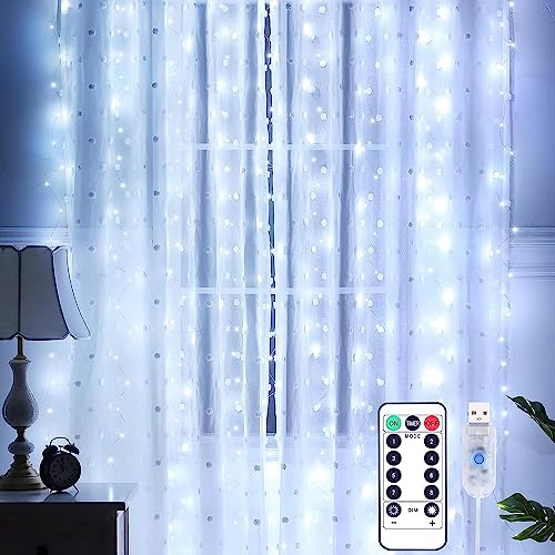 Yizhet Curtain Lights 3m x 3m Curtain Fairy Lights, 300 LED Curtain String Lights 8 Modes Hanging Fairy Lights, Remote Control Waterproof Fairy Lights Curtain for Bedroom, Wedding, Party (Cool White) - Cold White