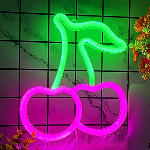Cherry Neon Signs, Cute Fruit Neon Lights for Wall Decor Battery or USB Powered LED Light Up Signs for Bedroom, Kids Room, Living Room, Bar, Party, Christmas, Wedding (Green Pink) - Green Pink