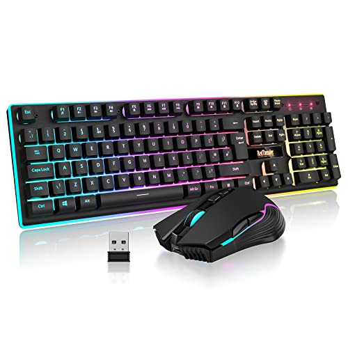 RedThunder K10 Wireless Gaming Keyboard and Mouse Combo, LED Backlit Rechargeable 3800mAh Battery, UK Layout Mechanical Feel Keyboard + 7D 3200DPI Mice for PC Gamer (Black) - Black