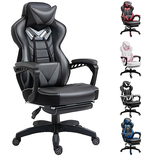Vinsetto Racing Gaming Chair with Footrest, PU Leather Office Chair, Computer chair with Lumbar Support, Headrest, Grey - Grey