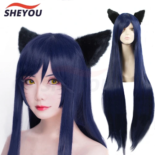 Game LOL Ahri 100cm Long Dark Blue Wig The Nine-Tailed Fox Women Heat Resistant Hair Cosplay Costume Wigs + Ears