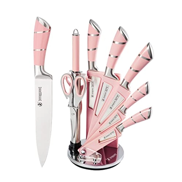 Kitchen Knife Set, Retrosohoo 9-Pieces Pink Sharp Non-Stick Coated Chef Knives Block Set,Stainless Steel Knife Set for Kitchen with Sharpener for Cutting Slicing Dicing Chopping