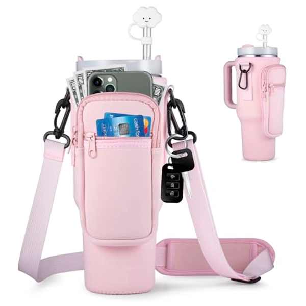 Water Bottle Carrier Bag with Pocket for Stanley 40 oz Tumbler with Handle Neoprene Sports Water Bottle Holder Pouch with Adjustable Strap, Straw Cover Carabiner for Stanley Cup Accessories (Pink)