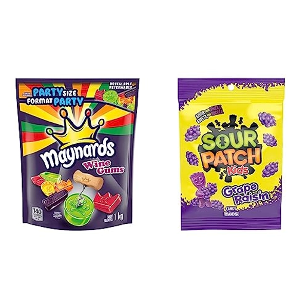 Maynards, Wine Gums Candy, Gummy Candy, Candy Bulk, Party Size, Family Size, School Snacks, Bonbon, 1kg & Sour Patch Kids Grape Candy, Sour Candy, Gummy Candy, Bonbon, 185G