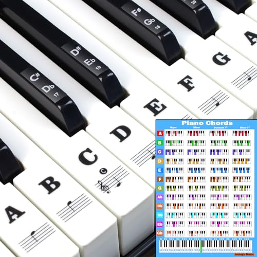 Piano Keyboard Stickers with Piano Chord Chart,for 88/61/54/49 Key,Note Letters Labels for Beginners and Young Kids Piano Notes Guide Piano Key Stickers Learn Electronic Piano (Black) - Black