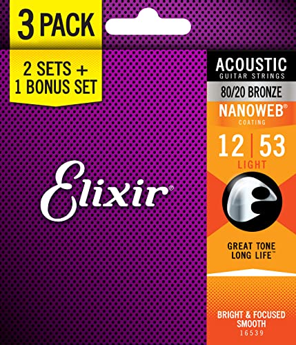 Elixir Strings, Acoustic Guitar Strings, 80/20 Bronze with NANOWEB Coating, Longest-Lasting Bright and Focused Tone with Comfortable Feel, 6 String Set, 3 Pack, Light 12-53 - 3 Pack - Light (.012-.053)