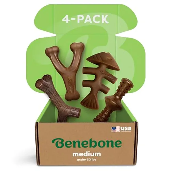Benebone Medium 4-Pack Dog Chew Toys for Aggressive Chewers, Made in USA, 60lbs and Under