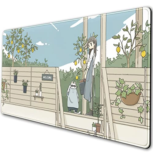 Cute Anime Mouse Pads,Japanese Street Mousepad Kawaii Cat Gaming Desk Mat XXL Extended Mouse Pad with Stitched Edges Aesthetics Scenery Village/City Large Keyboard Mat for Office Home Work
