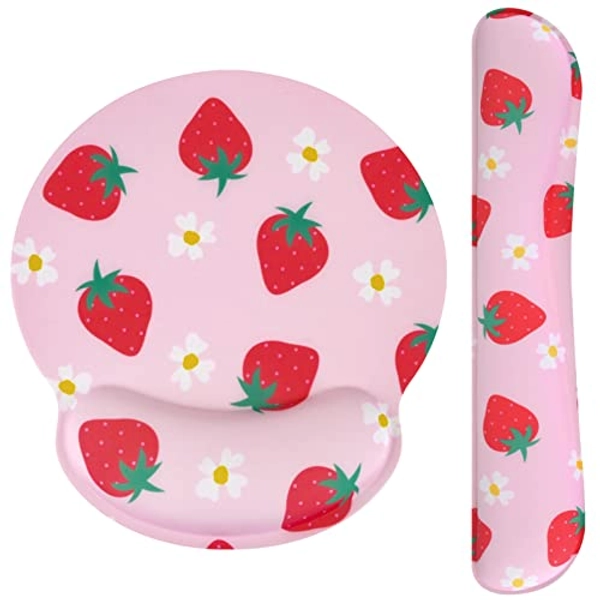 Seorsok Cute Mouse Pad Wrist Support Keyboard Wrist Rest Set, Ergonomic Mouse Pad with Non-Slip Base for Office Gaming Working Computers,Easy Typing & Pain Relief Mouse Mat,Pink Strawberry