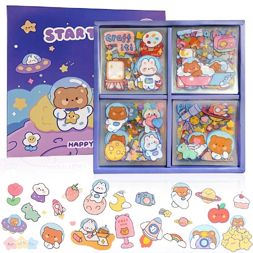 Cute Stickers Waterproof Water Bottle Laptop Scrapbook Vinyl Stickers Aesthetic Kawaii Clear Stickers Packs for Journaling Gifts for Kids Girls Boys, Pack of 1000 Pcs/100 Sheets (Space Star Travel)