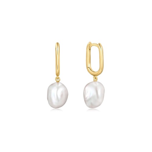 Oval Huggie Hoops With Pearl Drop Earrings - 14K Gold 