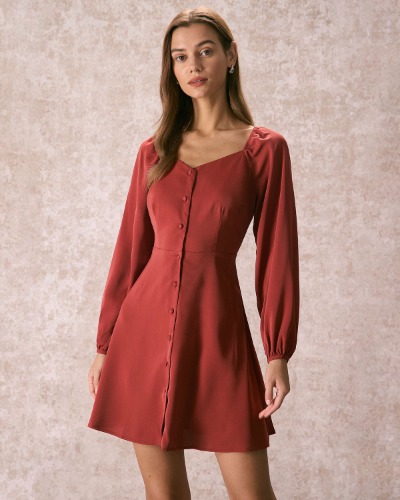 The Brick Red V Neck Button Mini Dress | Brick Red / L