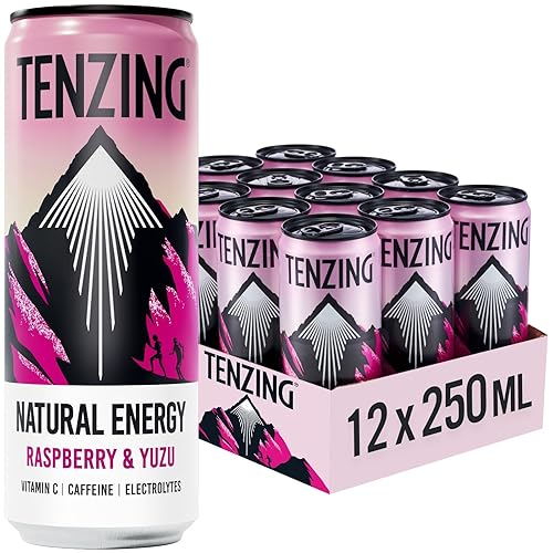 TENZING Natural Energy Drink, Plant Based, Vegan, & Gluten Free Drink, Raspberry & Yuzu, 250ml (Pack of 12) - Packaging may vary - Raspberry, Raspberry & Yuzu - 250 ml (Pack of 12)