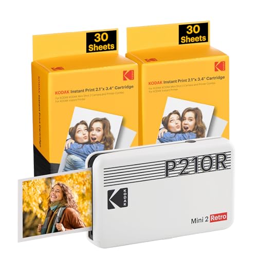KODAK Mini 2 Retro 4PASS Portable Photo Printer (2.1x3.4 inches) + 68 Sheets Bundle, White - 68 Sheets - White