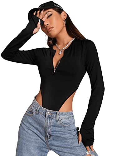 SweatyRocks Women's Casual Long Sleeve Half Zip High Cut Skinny Bodysuit Jumpsuit - Small - Black