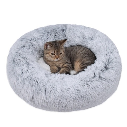 Pet Ultra Soft Long Plush Round Bed - Light Gray
