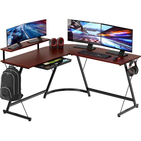 SHW Vista L-Shape Desk with Monitor Stand, Cherry - Walnut