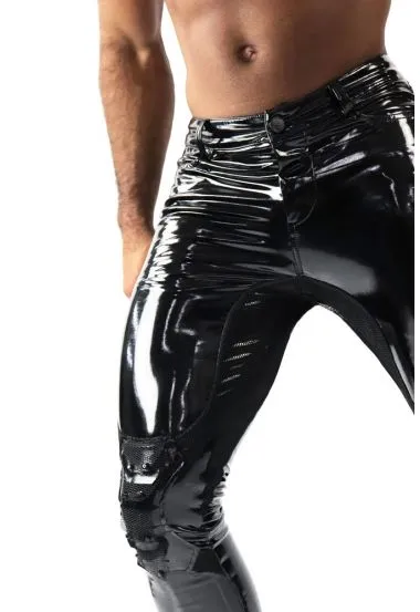 SKINNY BLACK LATEX PANTS WITH STUDDED MESH
