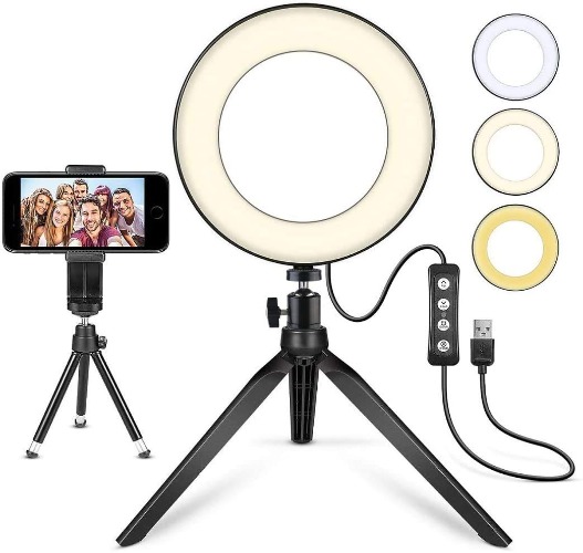 LED Ring Light 6" with Tripod Stand for YouTube Video and Makeup, Mini LED Camera Light with Cell Phone Holder Desktop LED Lamp with 3 Light Modes & 11 Brightness Level (6") - 